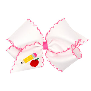 Grosgrain Hair Bow with Pink Moonstitch Edge and Pencil Embroidery