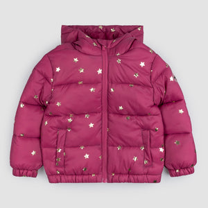 Star Print on Magenta Hooded Packable Jacket