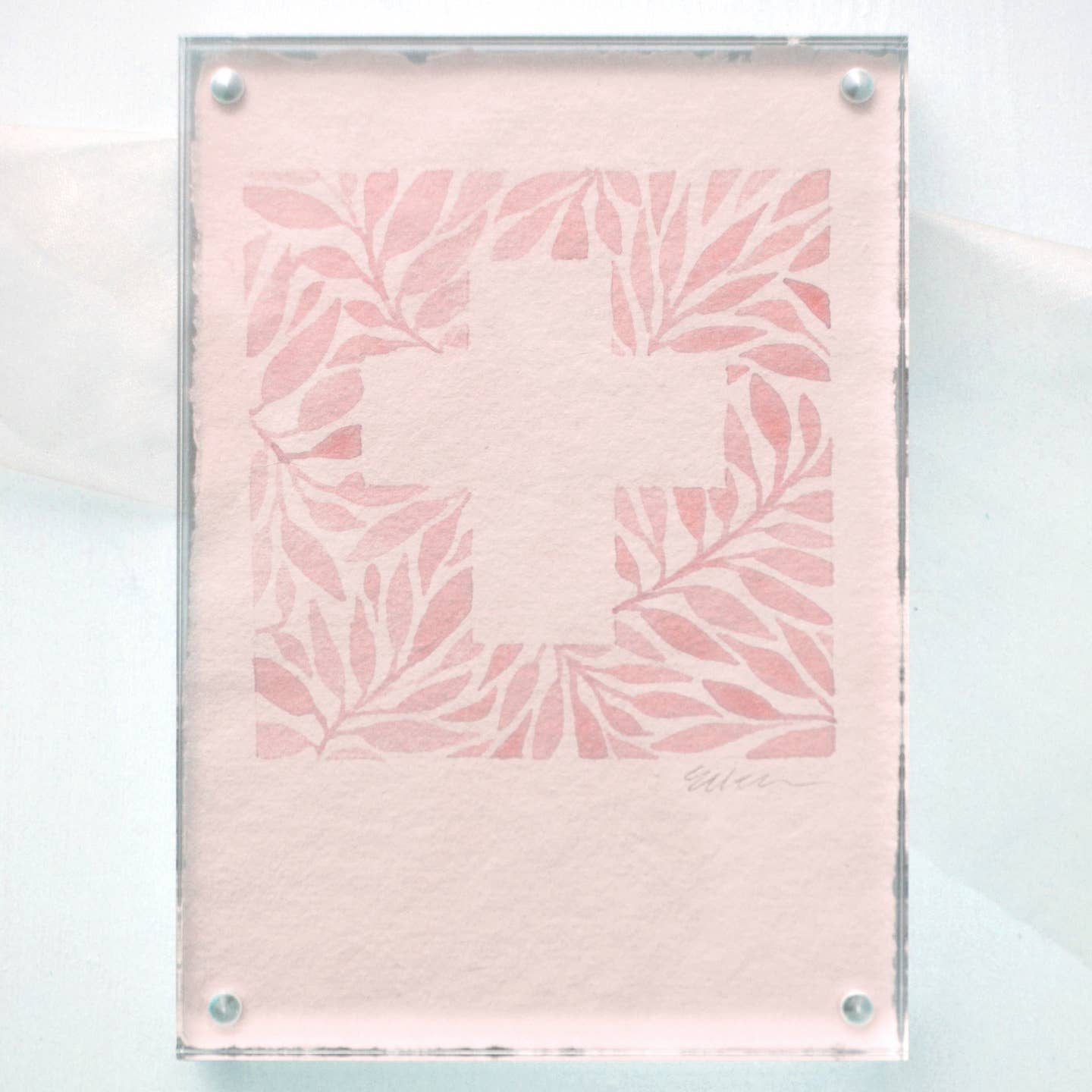 Hand Painted Square Cross Framed in Acrylic | Pink 5x7"