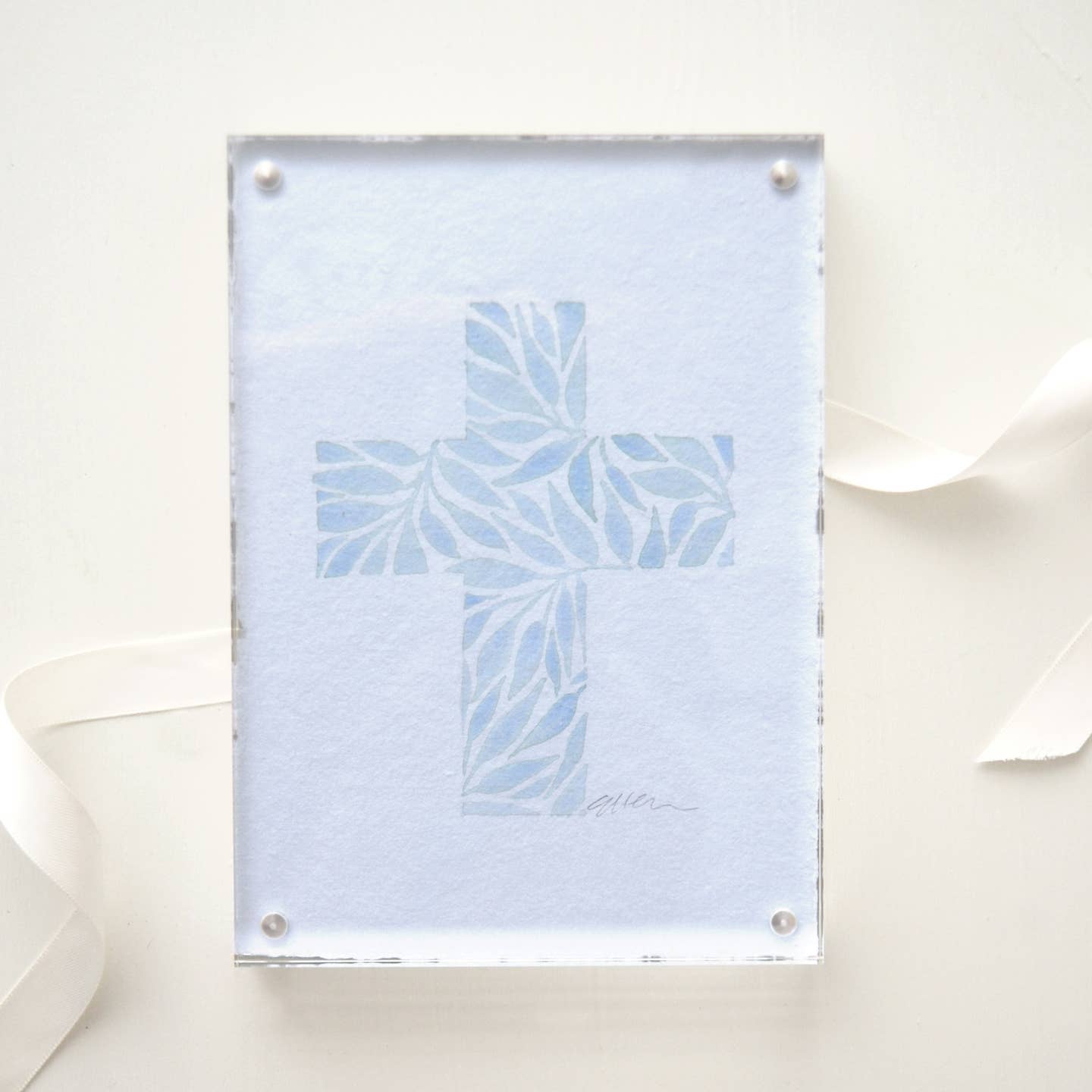 Hand Painted Cross Framed in Acrylic | Blue 5x7"