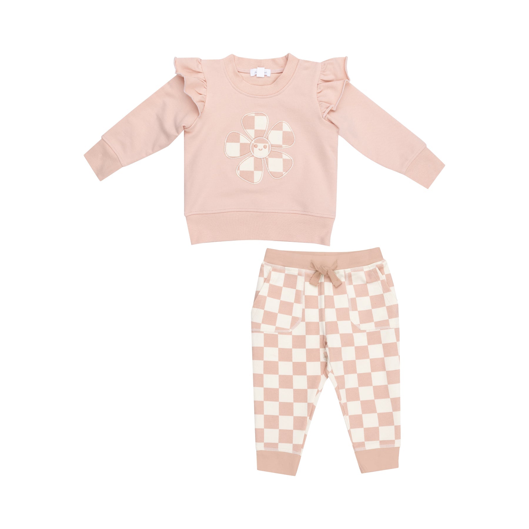 Checkerboard Pink French Terry Ruffle Patch Sweatshirt and Jogger Set