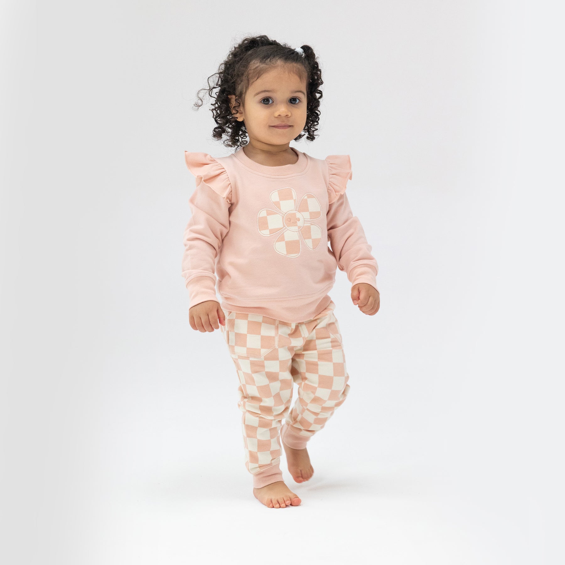 Checkerboard Pink French Terry Ruffle Patch Sweatshirt and Jogger Set