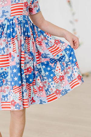 Patriotic Patchwork Short Sleeve Pocket Twirl Dress