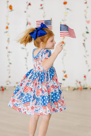 Patriotic Patchwork Short Sleeve Pocket Twirl Dress