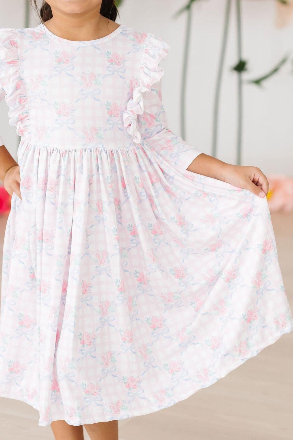 Ribbons and Roses 3/4 Sleeve Ruffle Twirl Dress