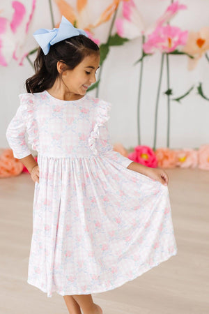 Ribbons and Roses 3/4 Sleeve Ruffle Twirl Dress