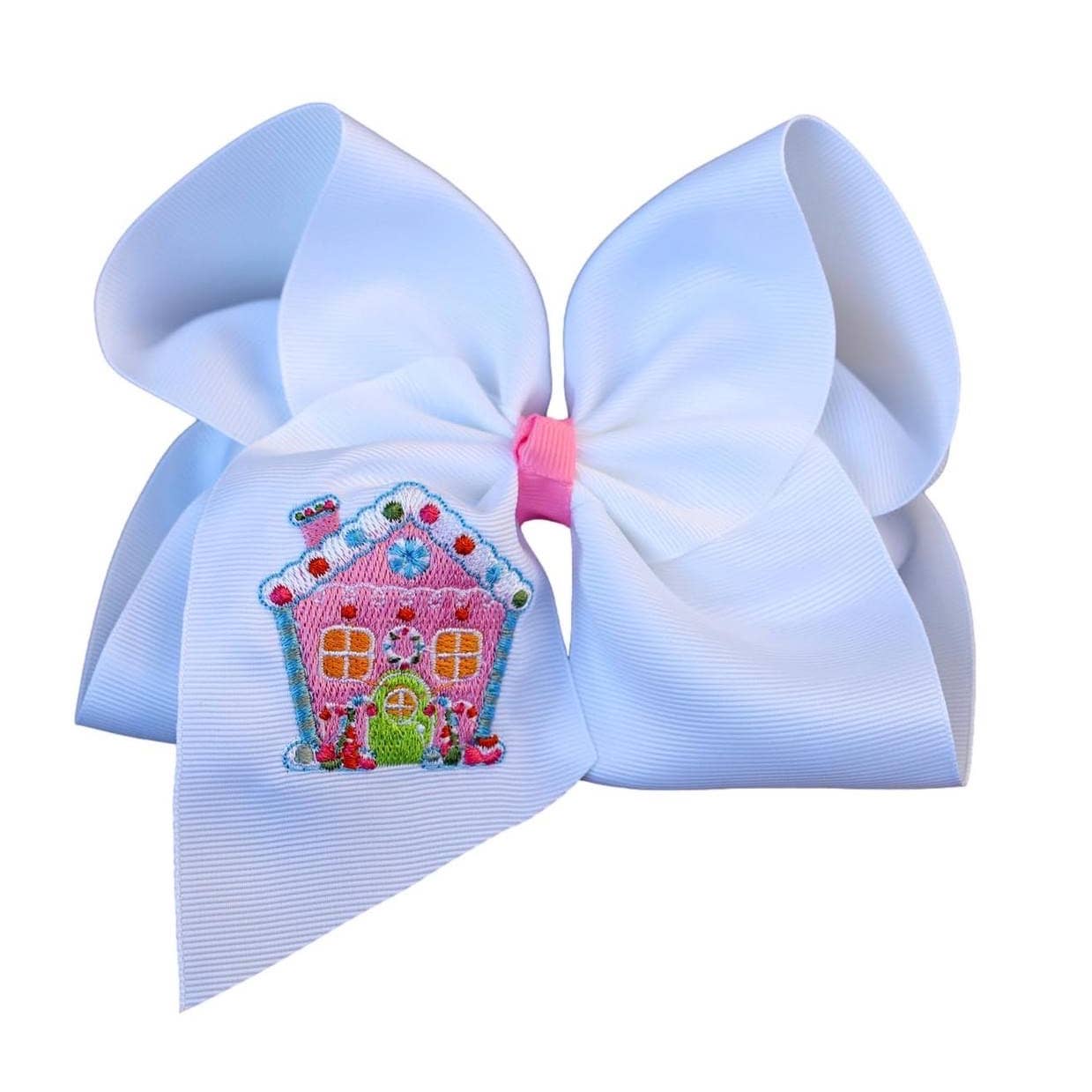 Pink Gingerbread House Embroidered Hair Bow