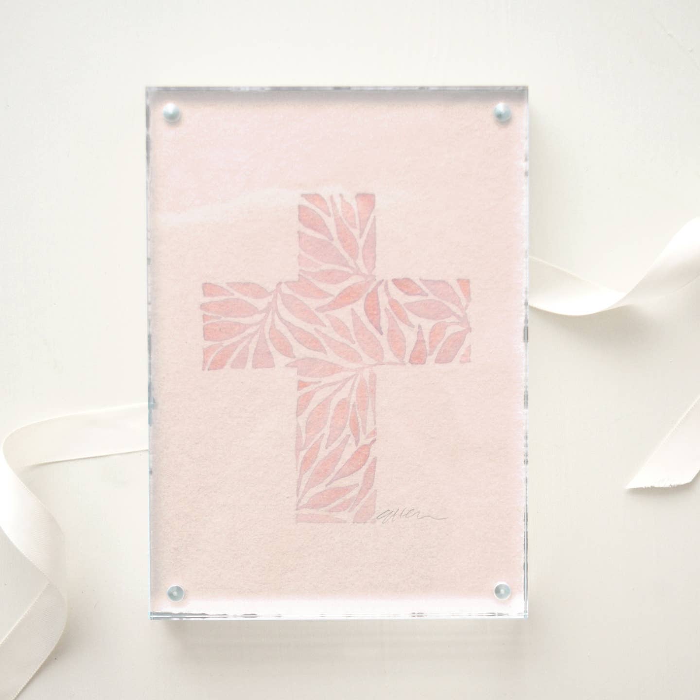 Hand Painted Cross Framed in Acrylic | Pink 5x7"