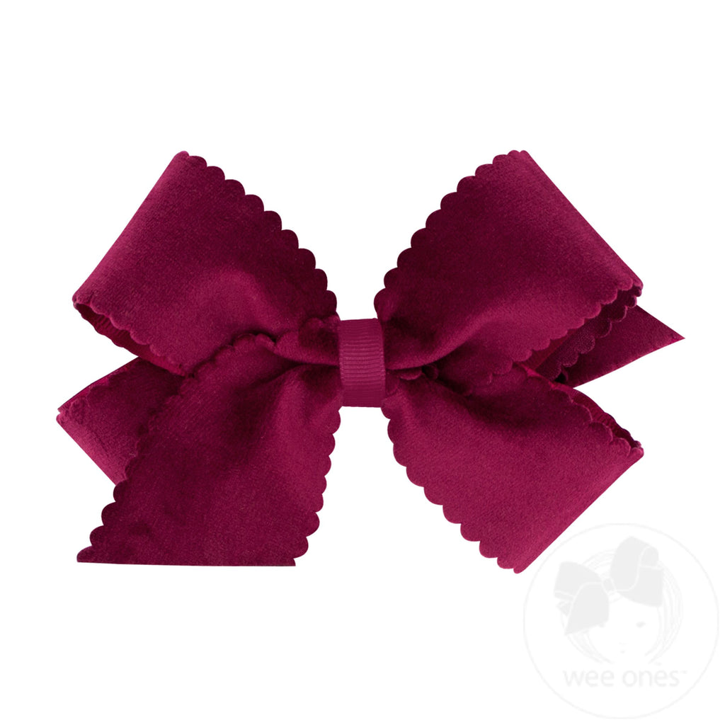 Medium Grosgrain Hair Bow with Scalloped Edge Faux Velvet Overlay | Assorted Colors