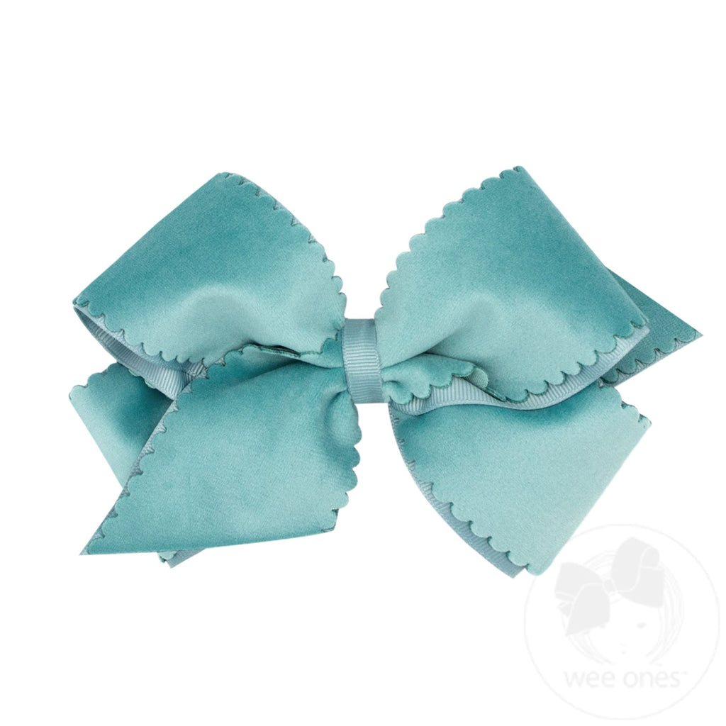 Small King Grosgrain Hair Bow with Scalloped Edge Faux Velvet Overlay | Assorted Colors