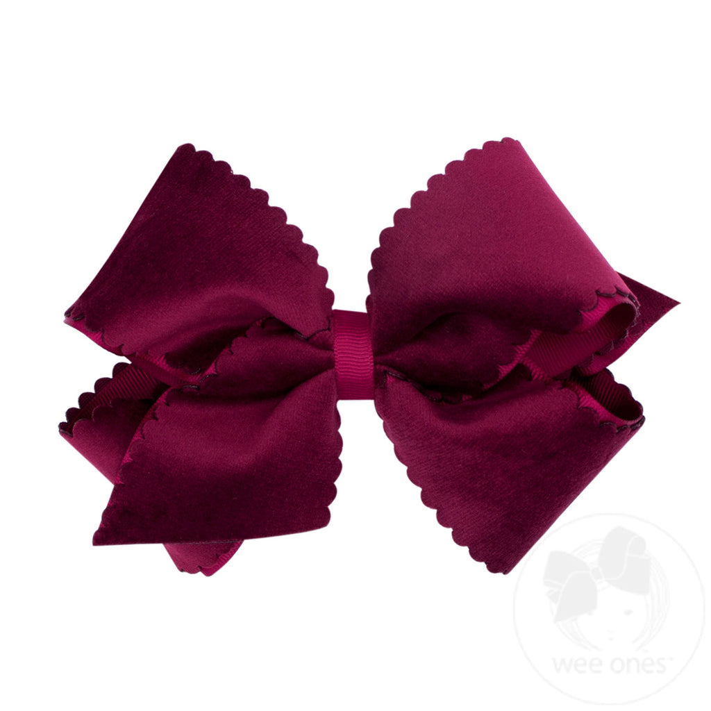 Small King Grosgrain Hair Bow with Scalloped Edge Faux Velvet Overlay | Assorted Colors