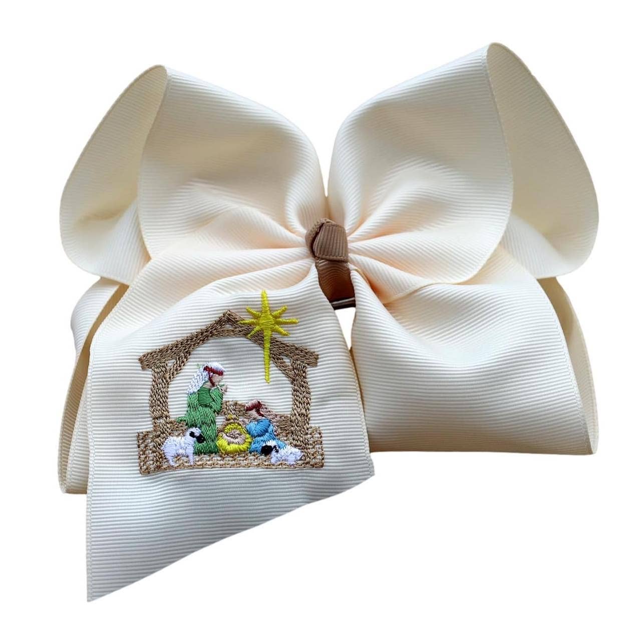 Cream Nativity Embroidered Hair Bow