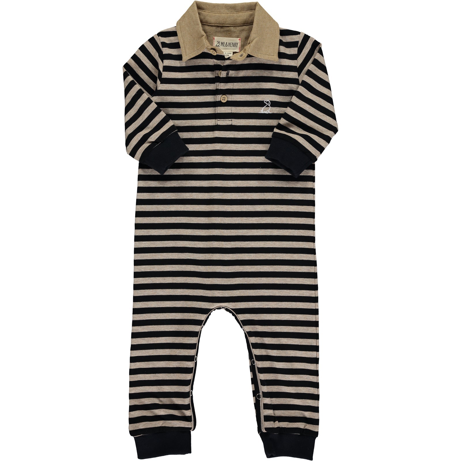 Kingston Long Sleeve Polo Romper | Black and Beige Stripe