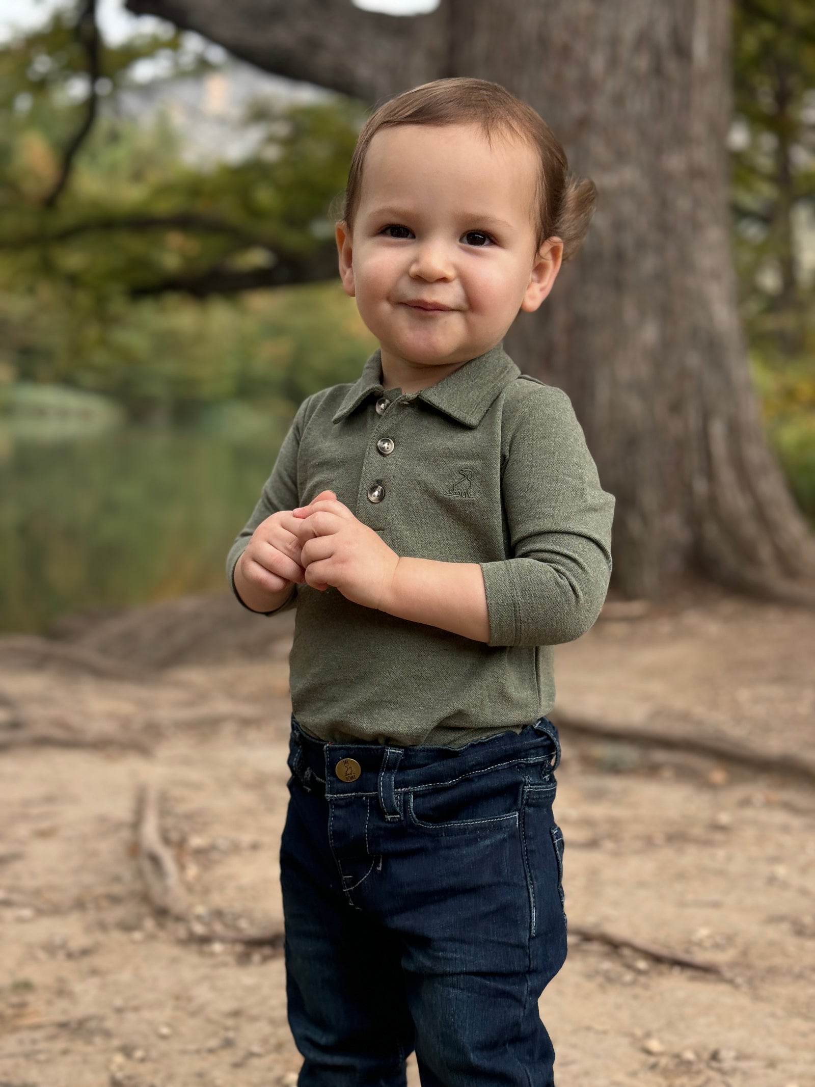 Seymour Long Sleeve Pique Polo Onesie | Sage