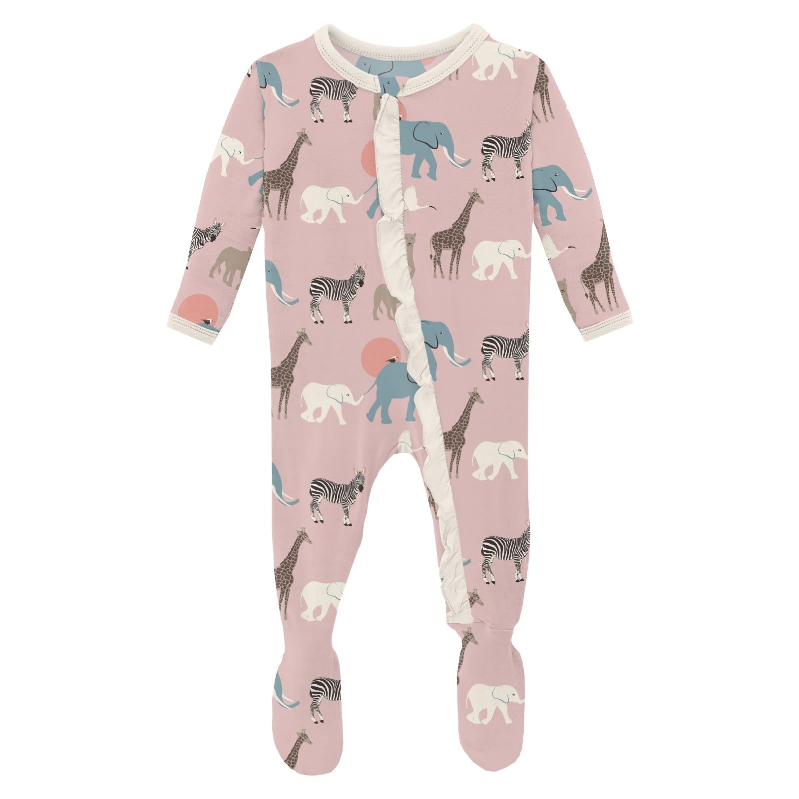 Classic Ruffle Footie with 2 Way Zipper | Baby Rose Just So Animals