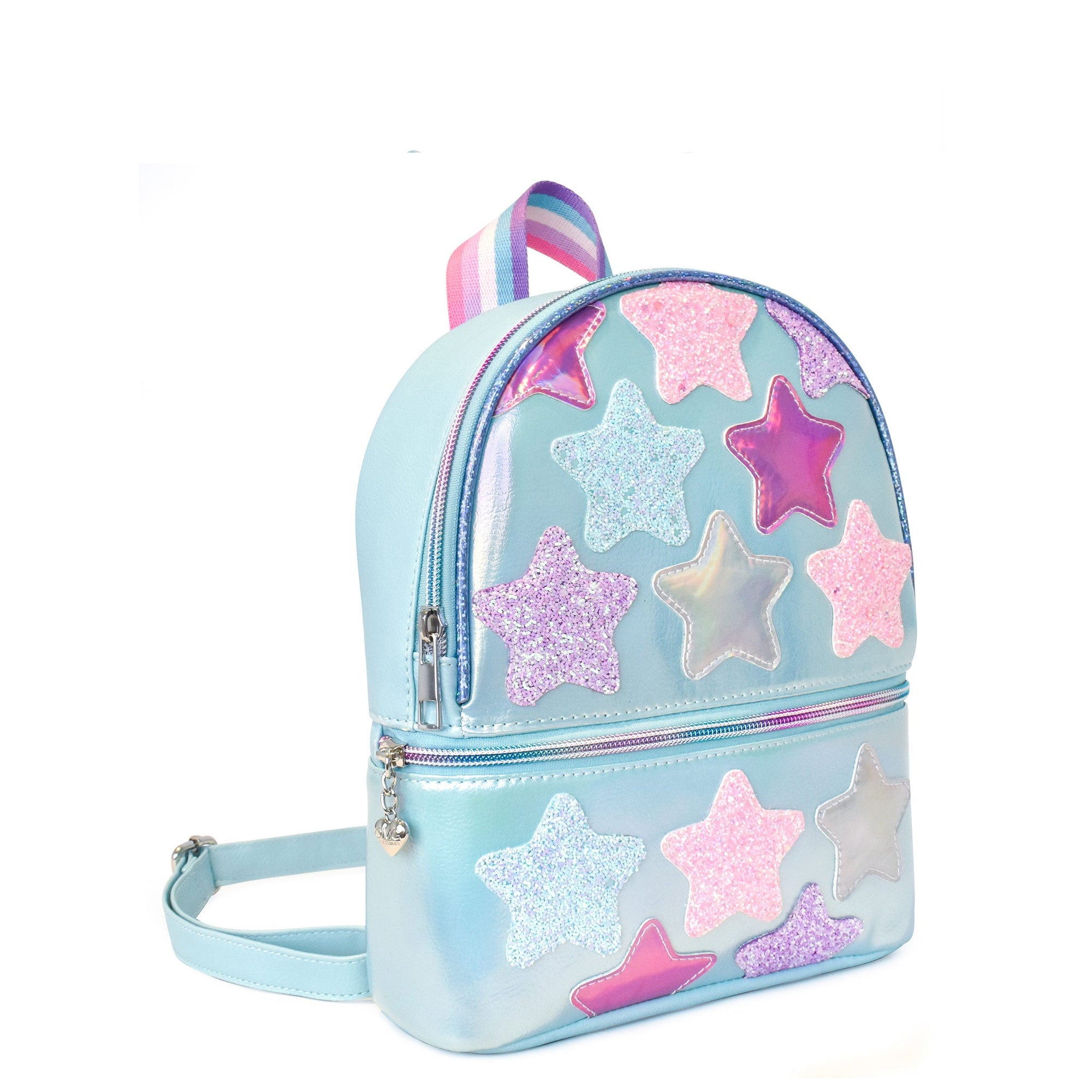 Star-Patched Metallic Light Blue Mini Backpack