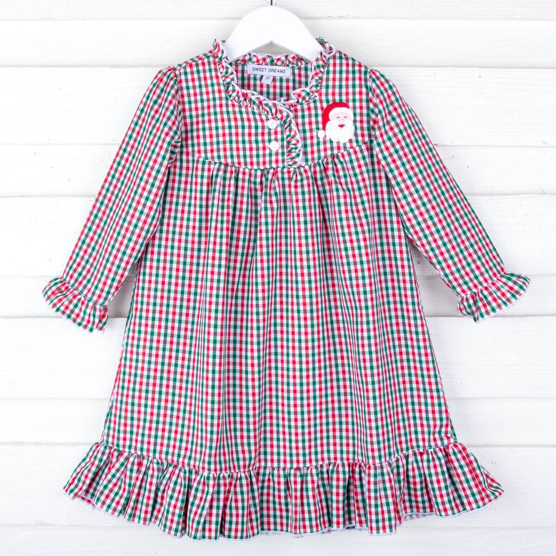 Santa Embroidered Red and Green Gingham Night Gown