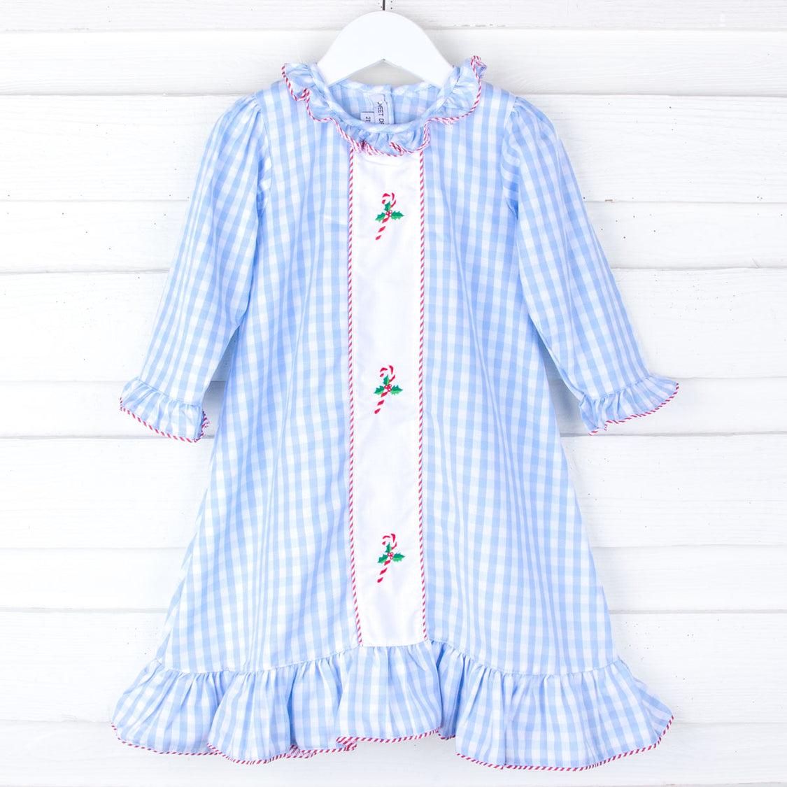 Candy Cane Embroidered Blue Check Night Gown