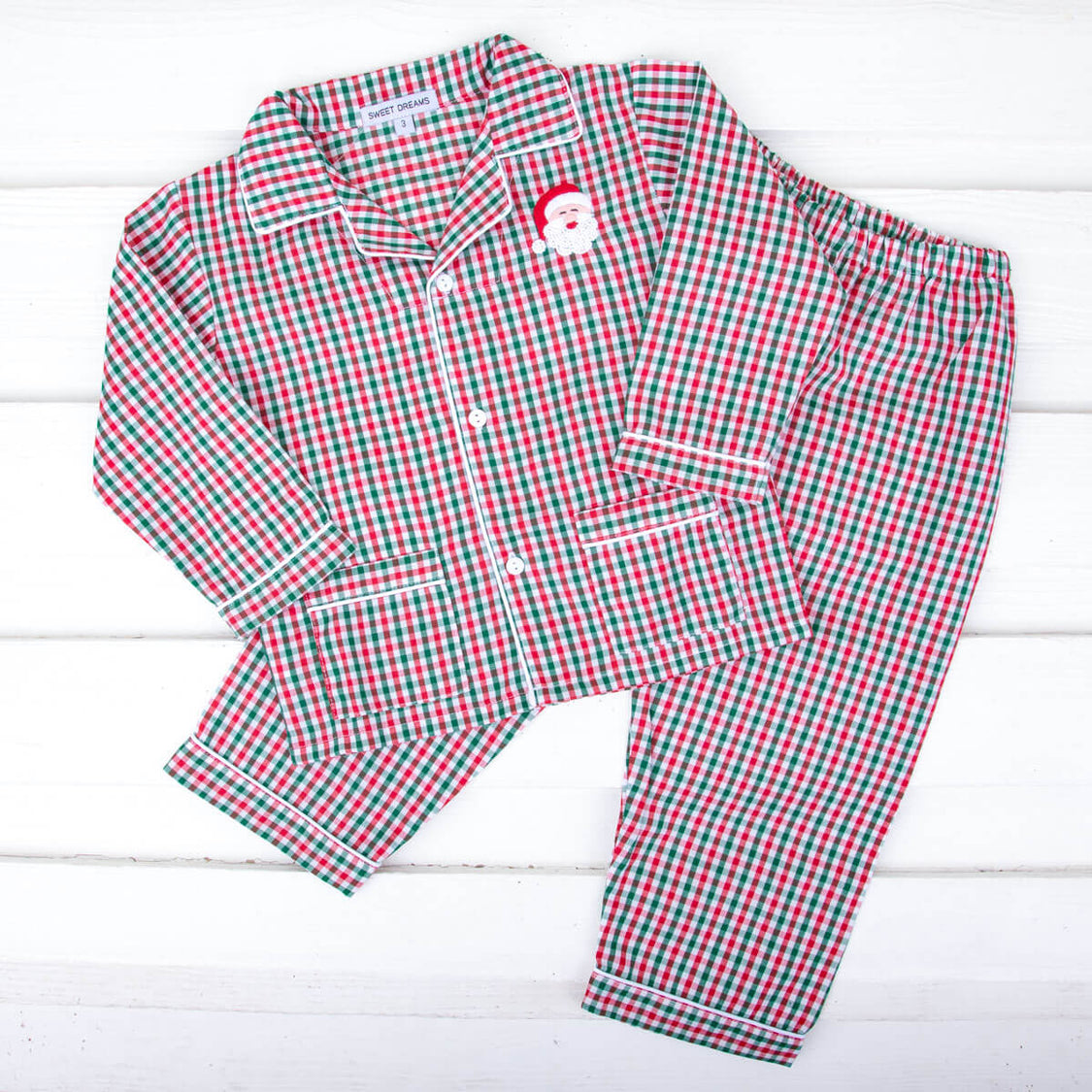 Santa Embroidered Red and Green Gingham Pajama Set