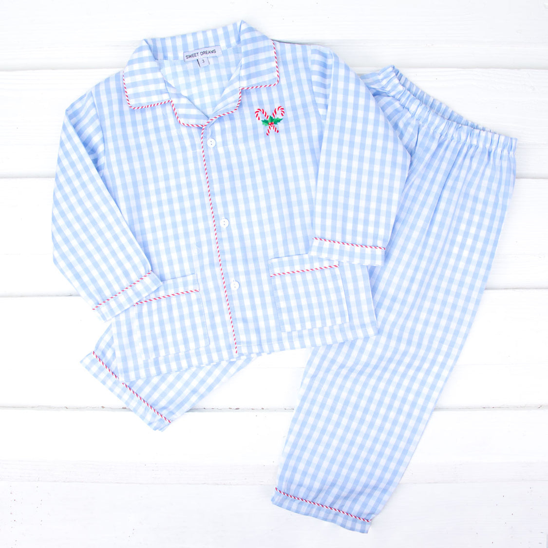 Candy Cane Embroidered Blue Check Pajama Set