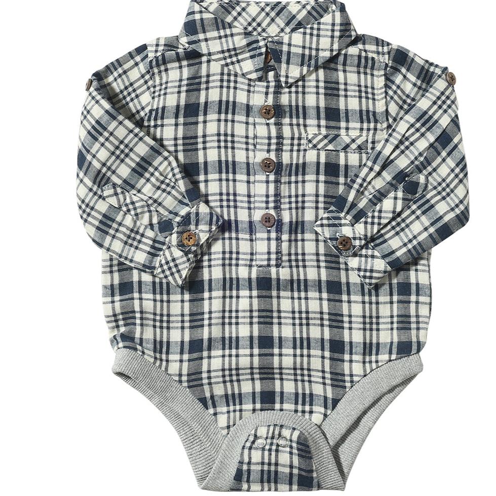 Jasper Long Sleeve Woven Onesie | Navy and White Plaid