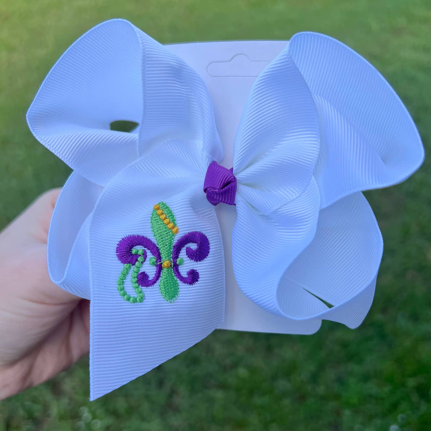 Fleur de Lis Mardi Gras Bead Embroidered Hair Bow