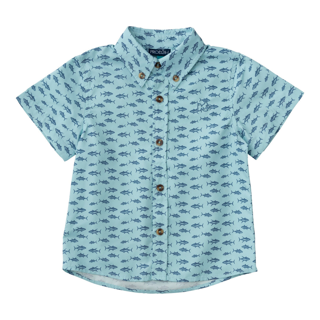 Short Sleeve Fishing Shirt  Aqua Tuna Print - Threadfare Children's  Boutique