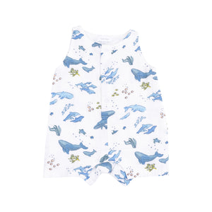 Watercolor Blue Whales Muslin Sleeveless Shortie Romper